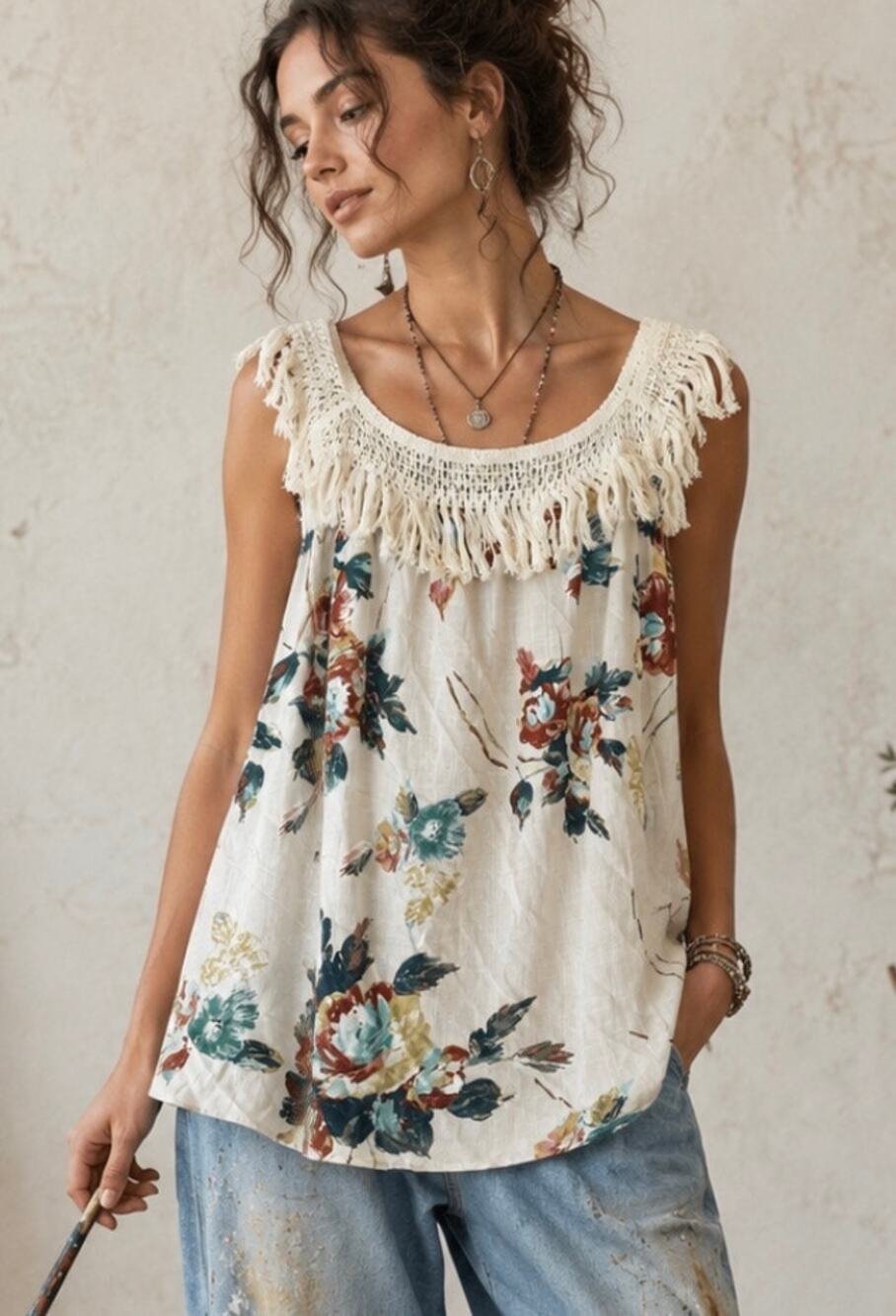BiBi Floral Tank Top Fringe Crochet Trim Cottagecore boho Festival Blouse M